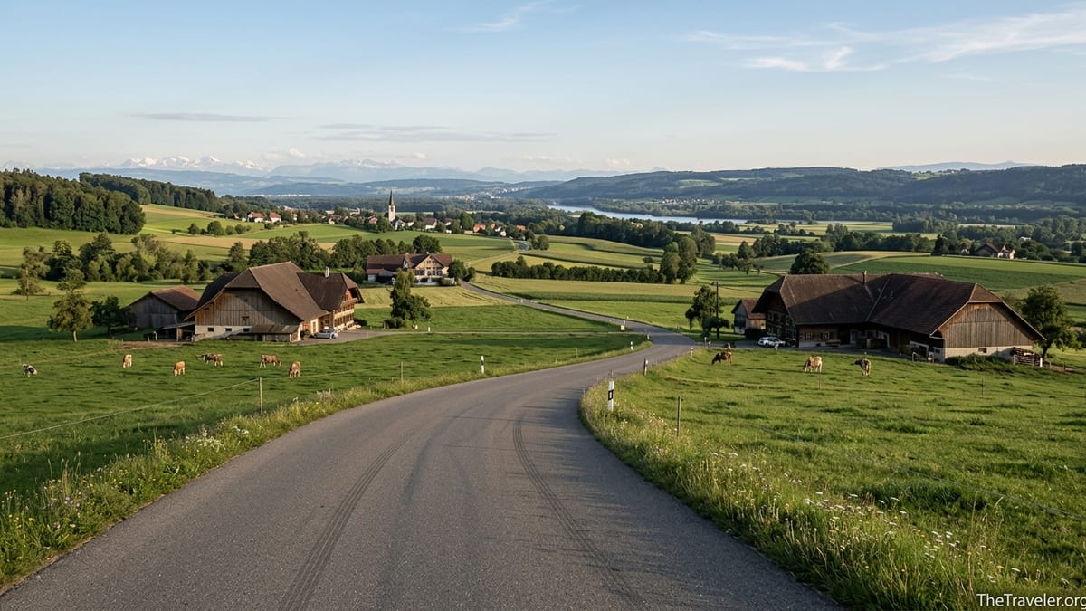 Curving country road through Swiss Plateau hills with farmhouses and distant Alps at sunset.