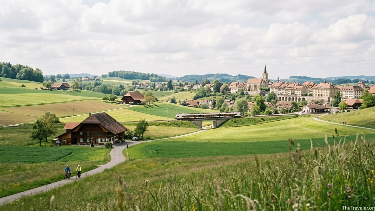 Swiss Plateau countryside of fields, farmhouses and a small town between Zurich and Bern.
