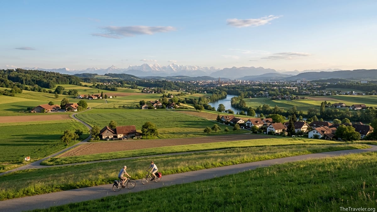Summer view over the Swiss Plateau near Bern with fields, farmhouses, cyclists and the distant Alps.