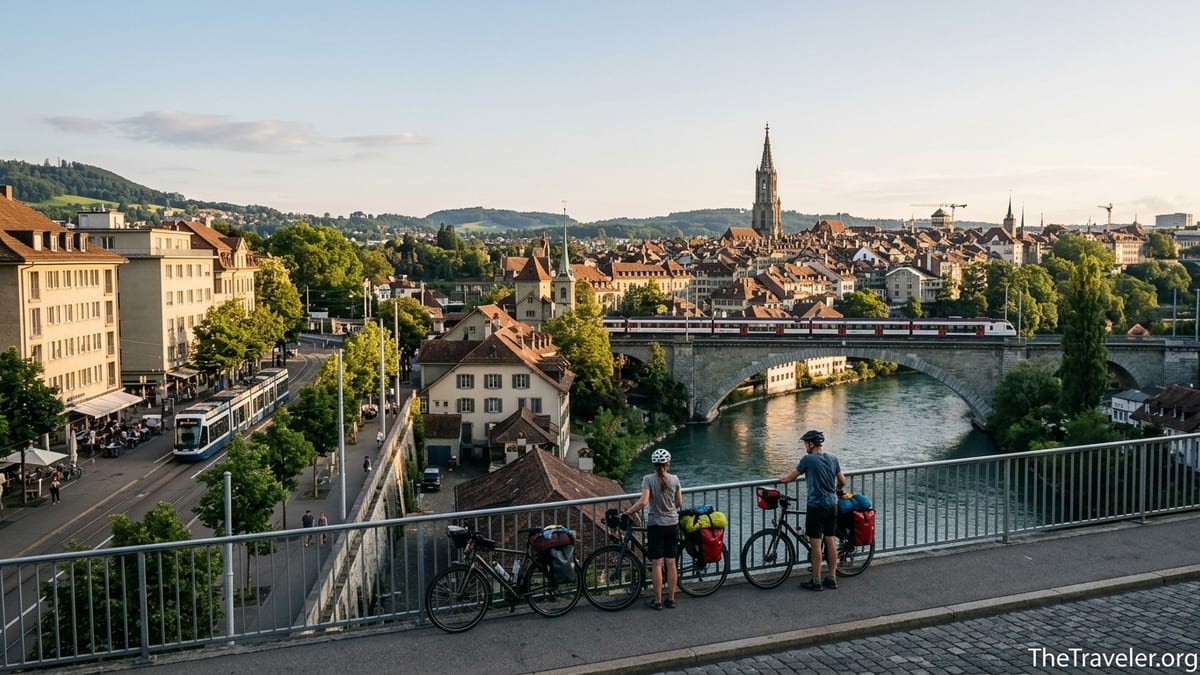 Cyclists pause above a Swiss Plateau city at sunset, overlooking a river, bridge and old town with cathedral spire.