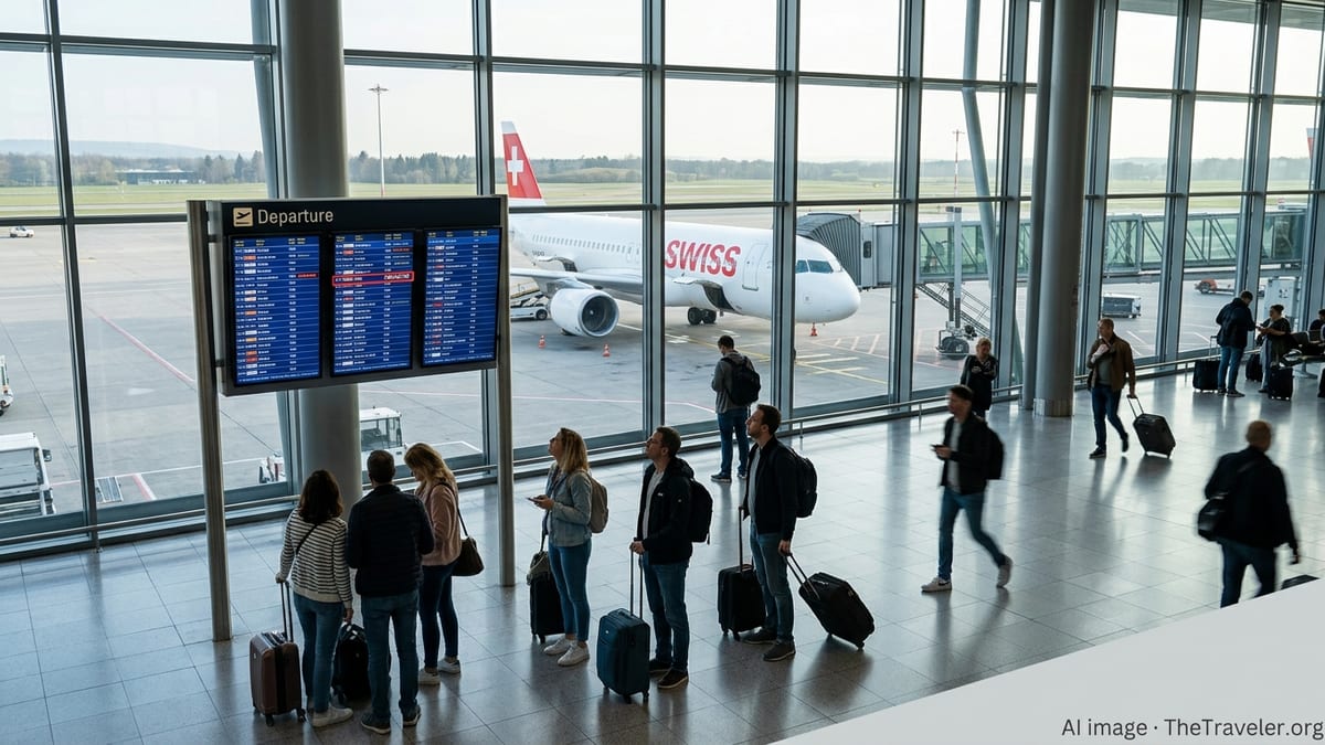 Travelers checking a departures board showing a cancelled SWISS Tel Aviv flight at a bright airport gate.
