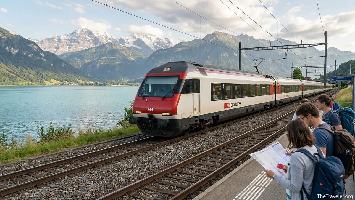 Swiss intercity train passing above a Swiss lake with Alps in the background on a sunny afternoon.