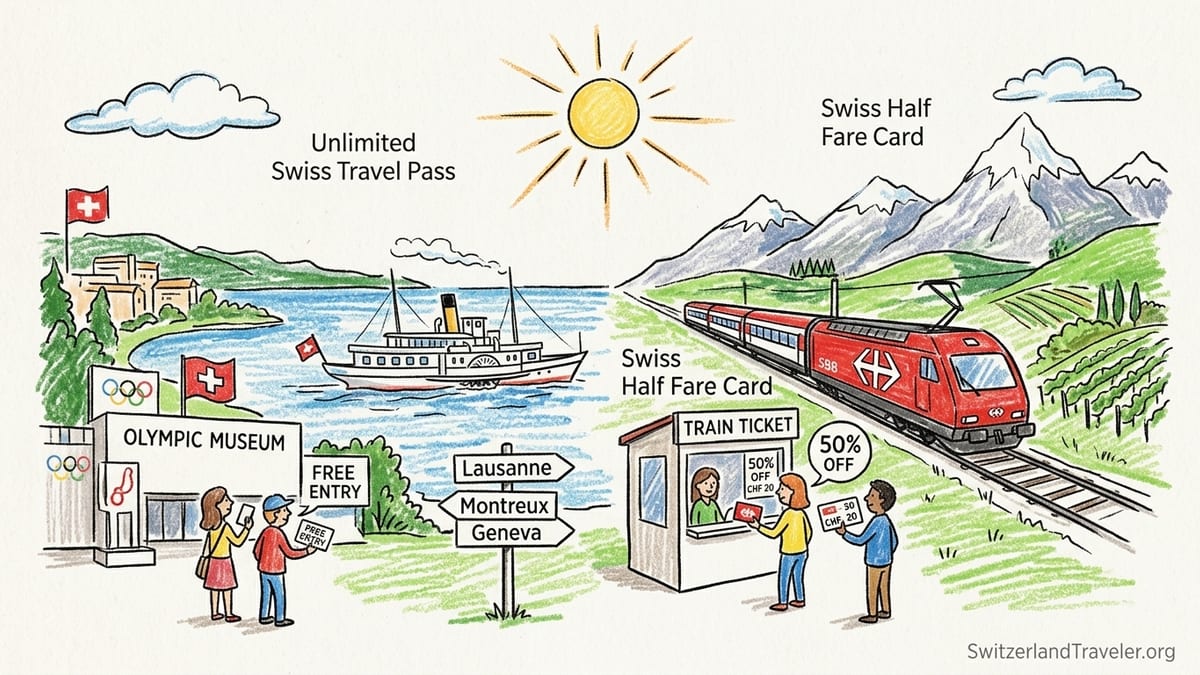 Lake Geneva near Montreux with train, paddle steamer and Lavaux vineyards in summer.