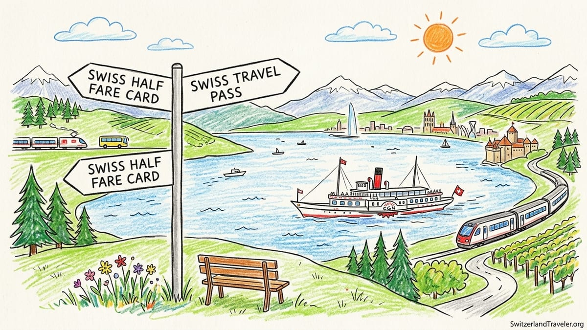 Passengers on a Lake Geneva ferry between Lausanne and Montreux with Alps and vineyards in view.