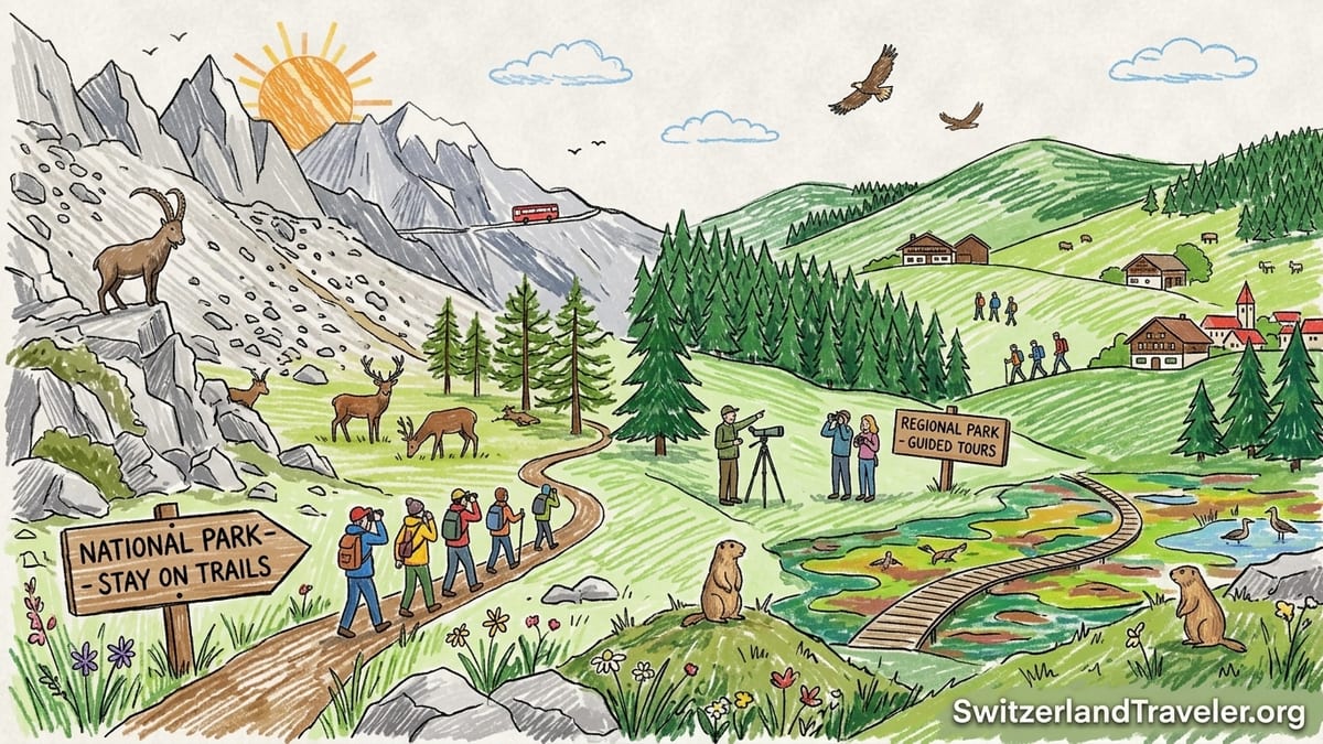 Guided hikers using a telescope to watch ibex on a sunny morning in the Swiss National Park.
