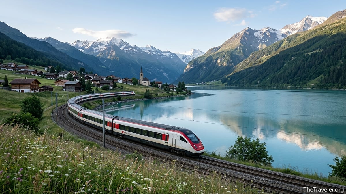 Swiss train passing a turquoise alpine lake with snow-capped mountains and village.