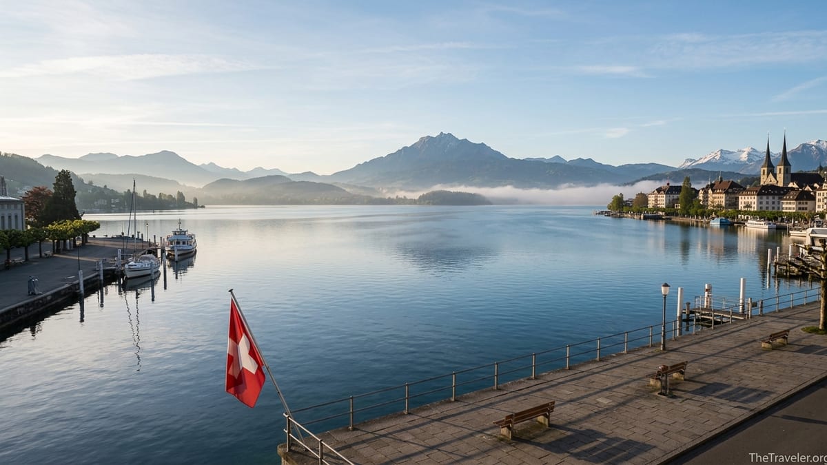 Sunrise view over Lake Lucerne with Swiss Alps and Lucerne old town in the background.