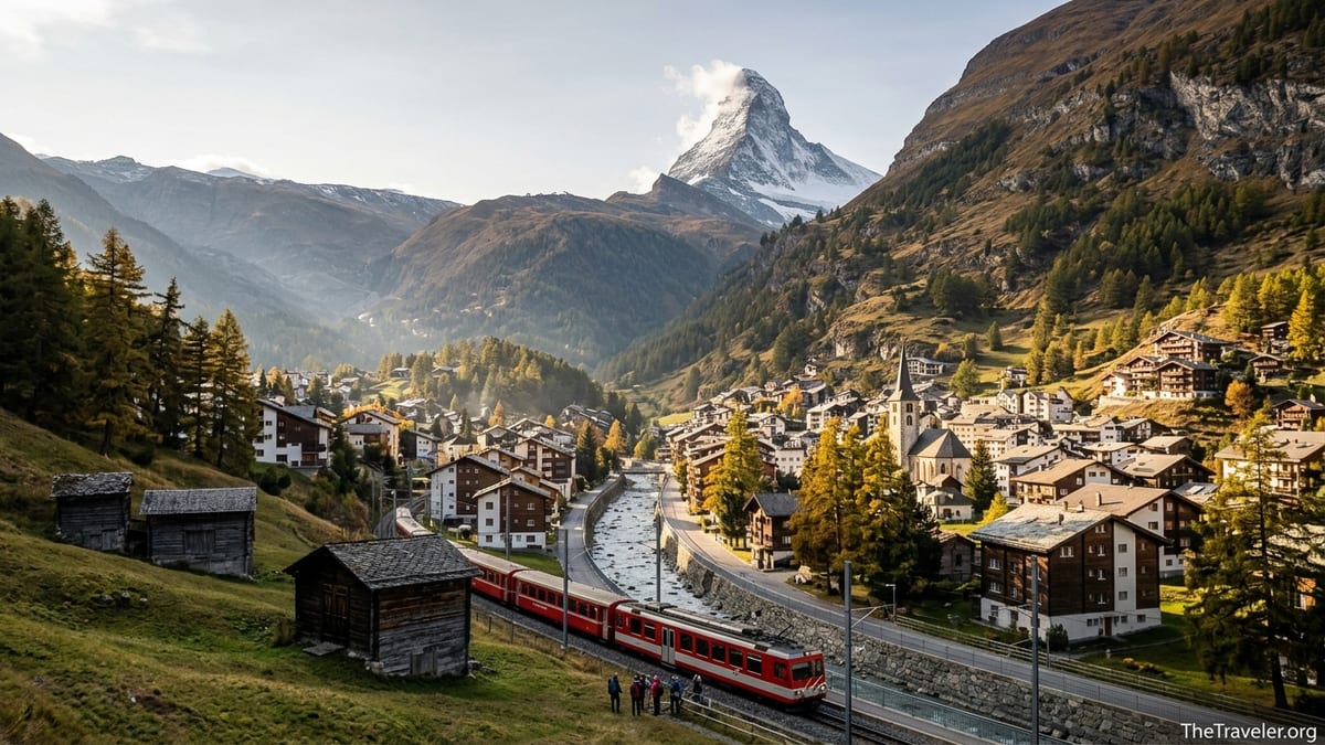 Sunrise over Zermatt with a passing Swiss train and the Matterhorn in the background.
