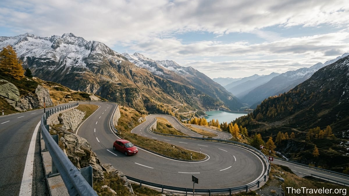 Curving Swiss alpine pass road with hairpins, red car, and snow-tipped peaks above a turquoise lake.