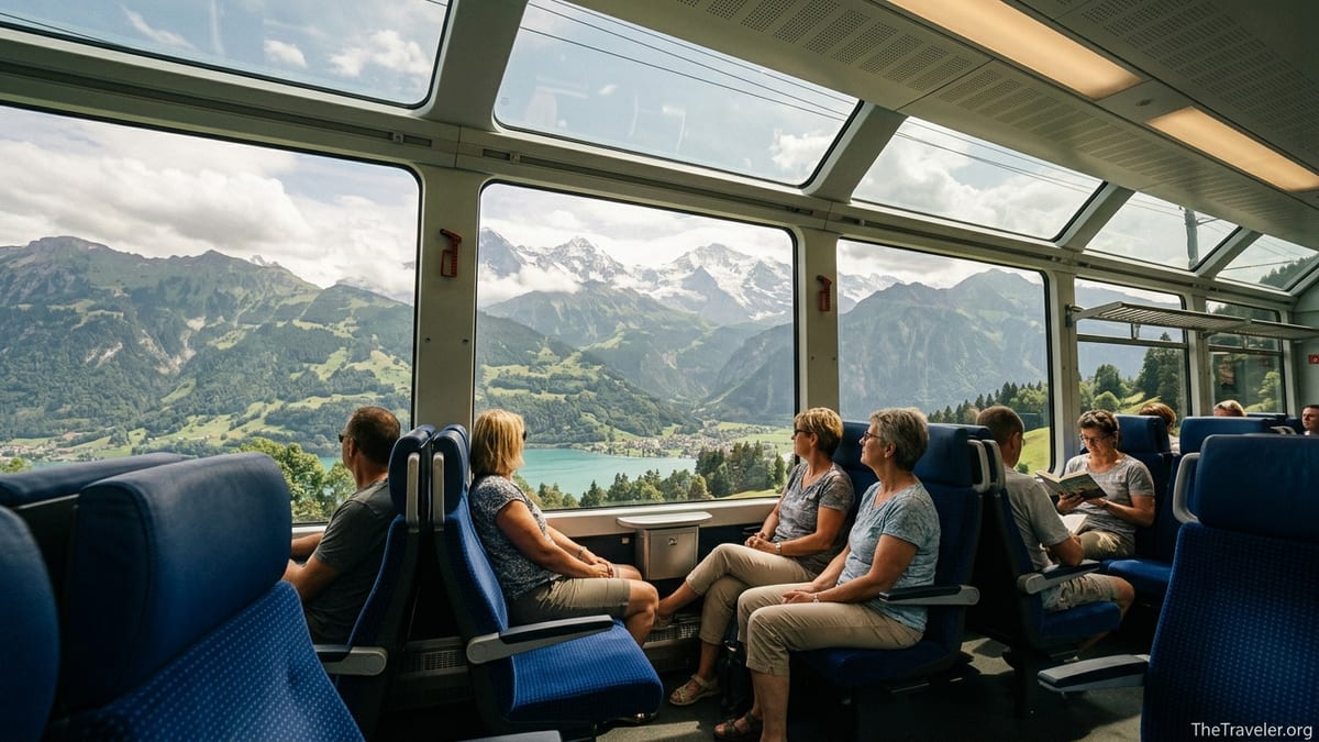 Passengers on a Swiss panoramic train look out at mountains, valley and turquoise lake.