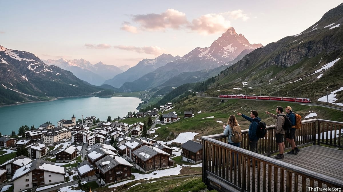 Red Swiss panoramic train crossing alpine slope above lake and village at sunrise.