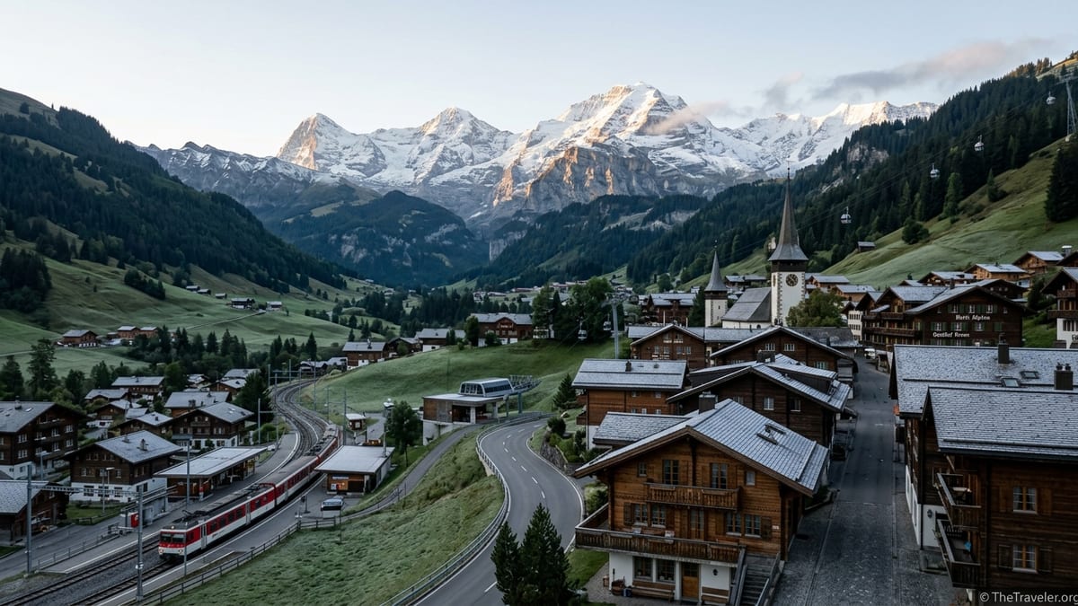 Swiss alpine village with train, hotels and cable cars beneath snow-capped mountains at sunrise.