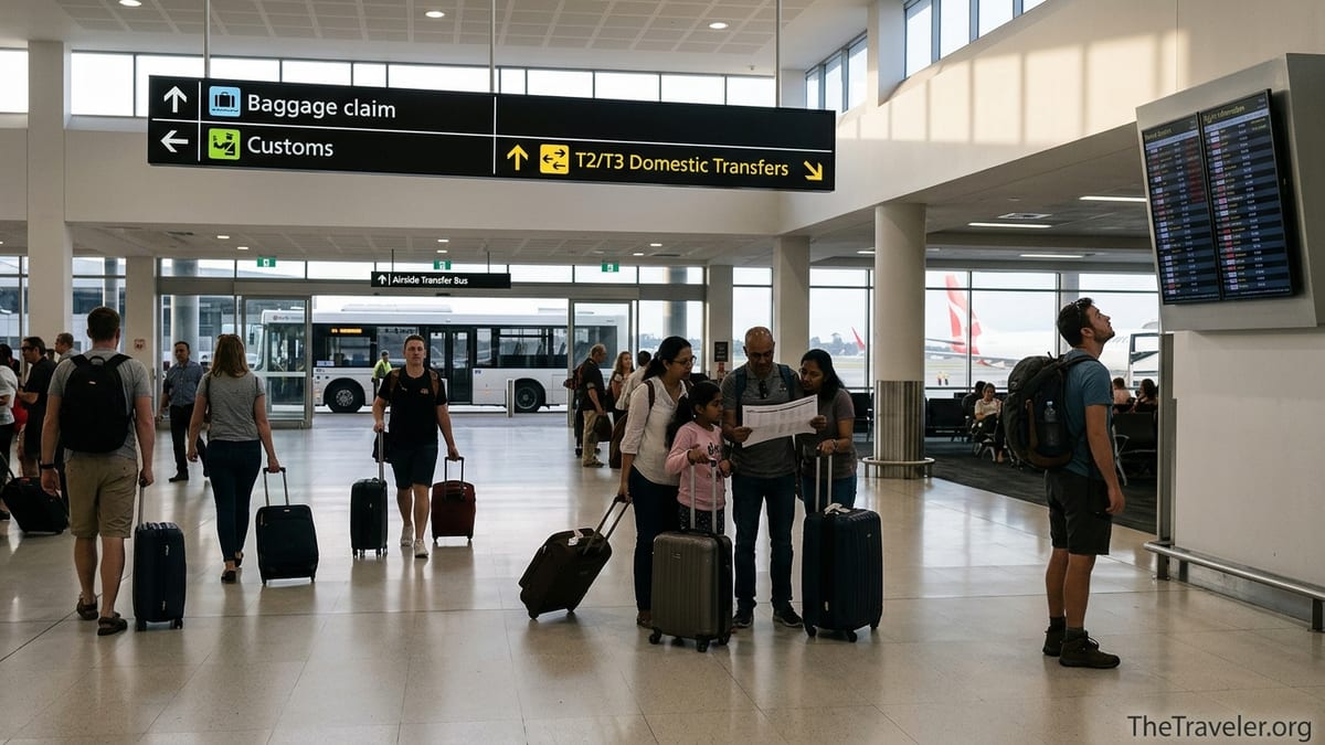 Travelers follow signs to baggage claim and T2/T3 transfers in Sydney Airport T1 arrivals hall.