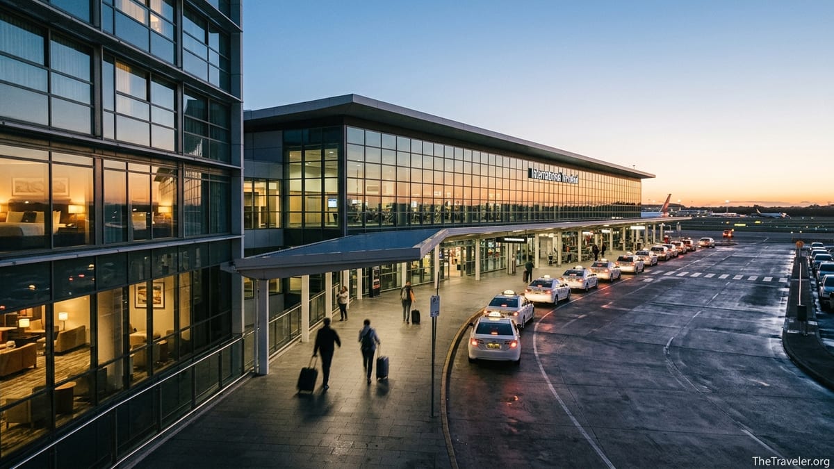 Pre-dawn view of Sydney Airport international terminal and Rydges hotel with travelers walking between them.