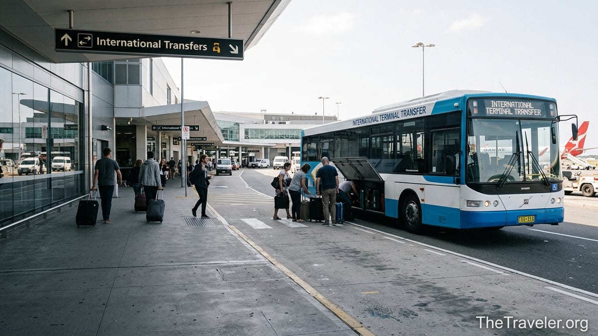 Passengers boarding a Sydney Airport transfer bus outside the domestic terminals with signs to T1 International.