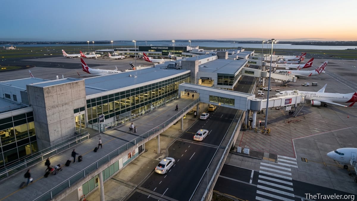 Aerial view of Sydney Airport’s international and domestic terminals at dusk with aircraft at the gates.