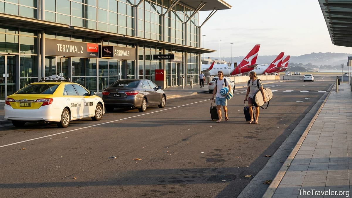 Travellers with beach gear boarding a car outside Sydney Airport at sunrise