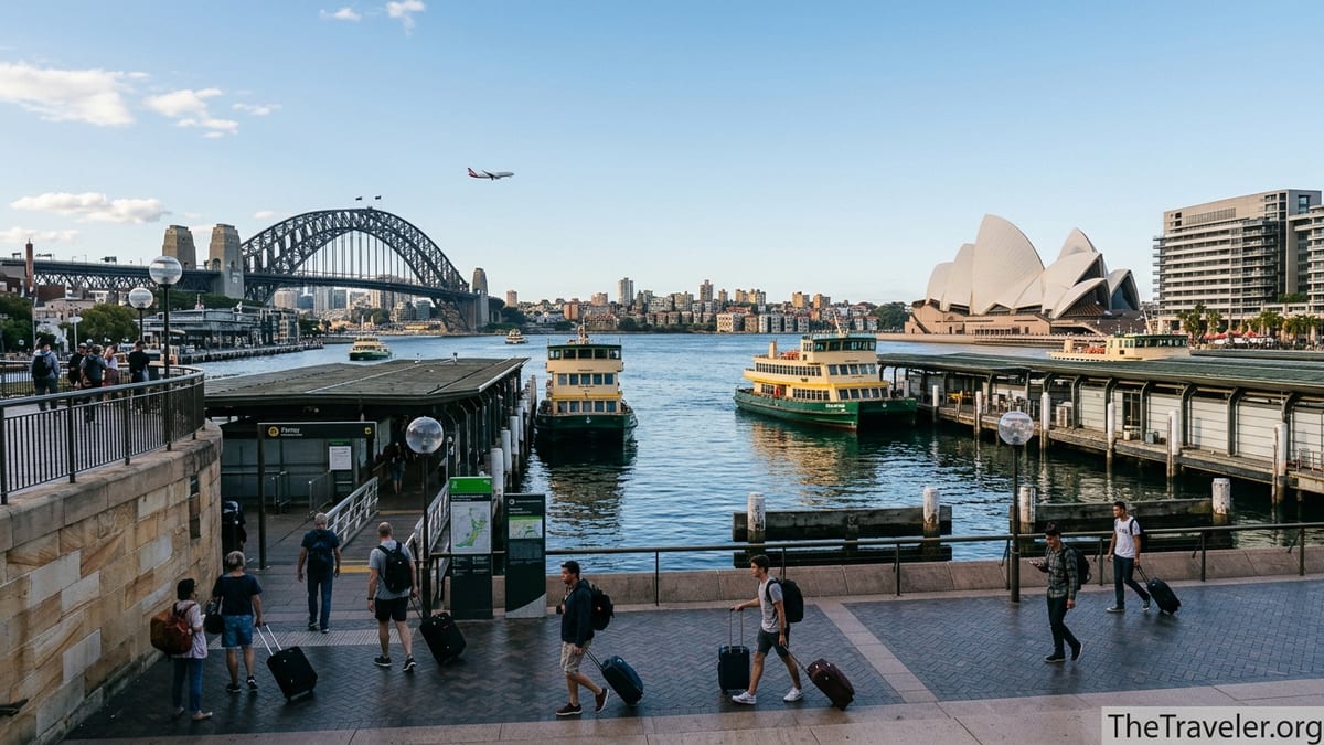 Circular Quay with ferries, Opera House and travelers with luggage arriving from Sydney Airport.