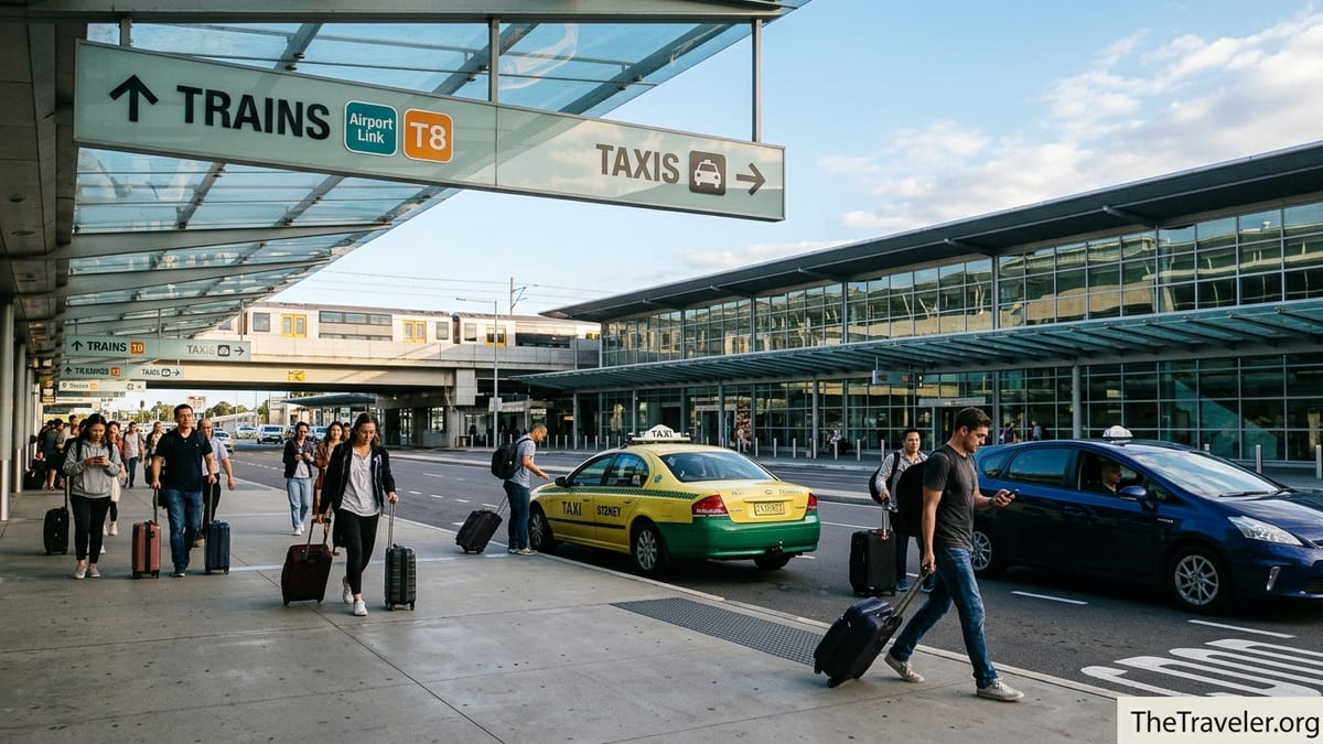 Travellers outside Sydney Airport choosing between taxi, rideshare and train options