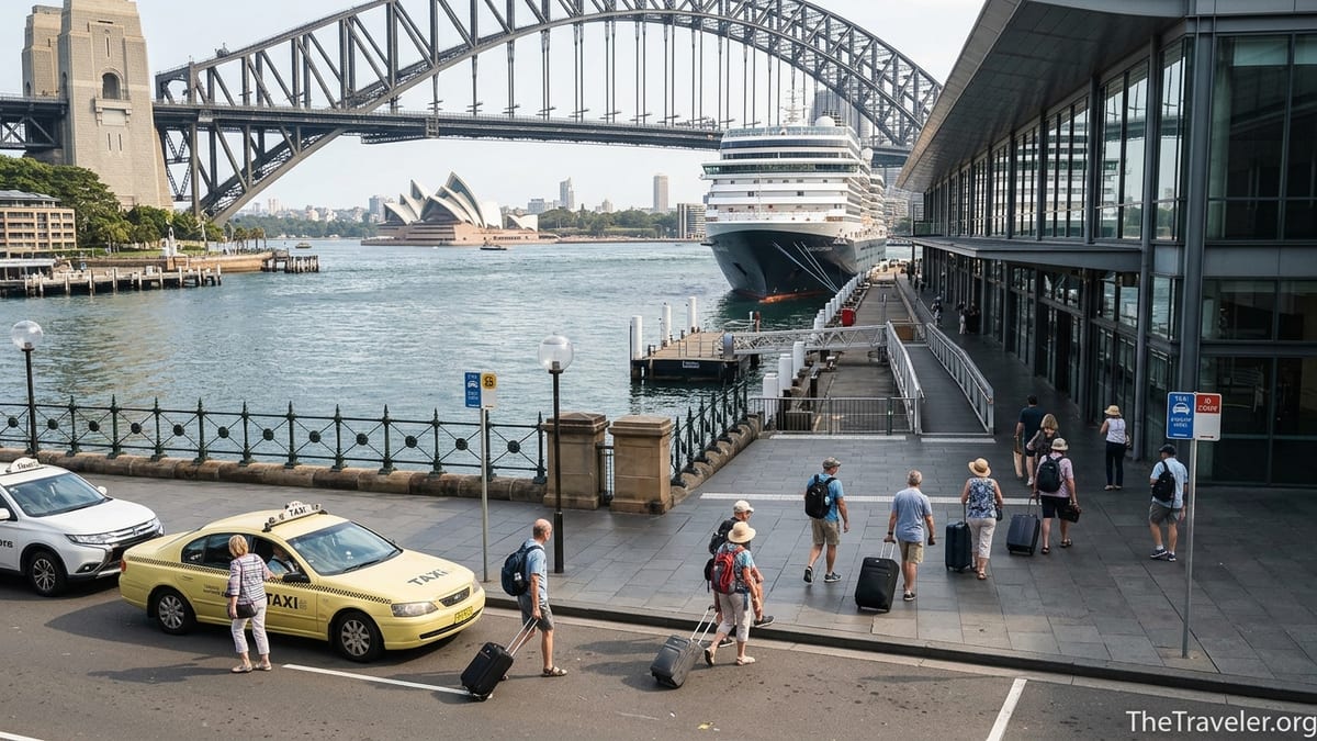 Passengers arriving by taxi and rideshare at Sydney’s Overseas Passenger Terminal under the Harbour Bridge.