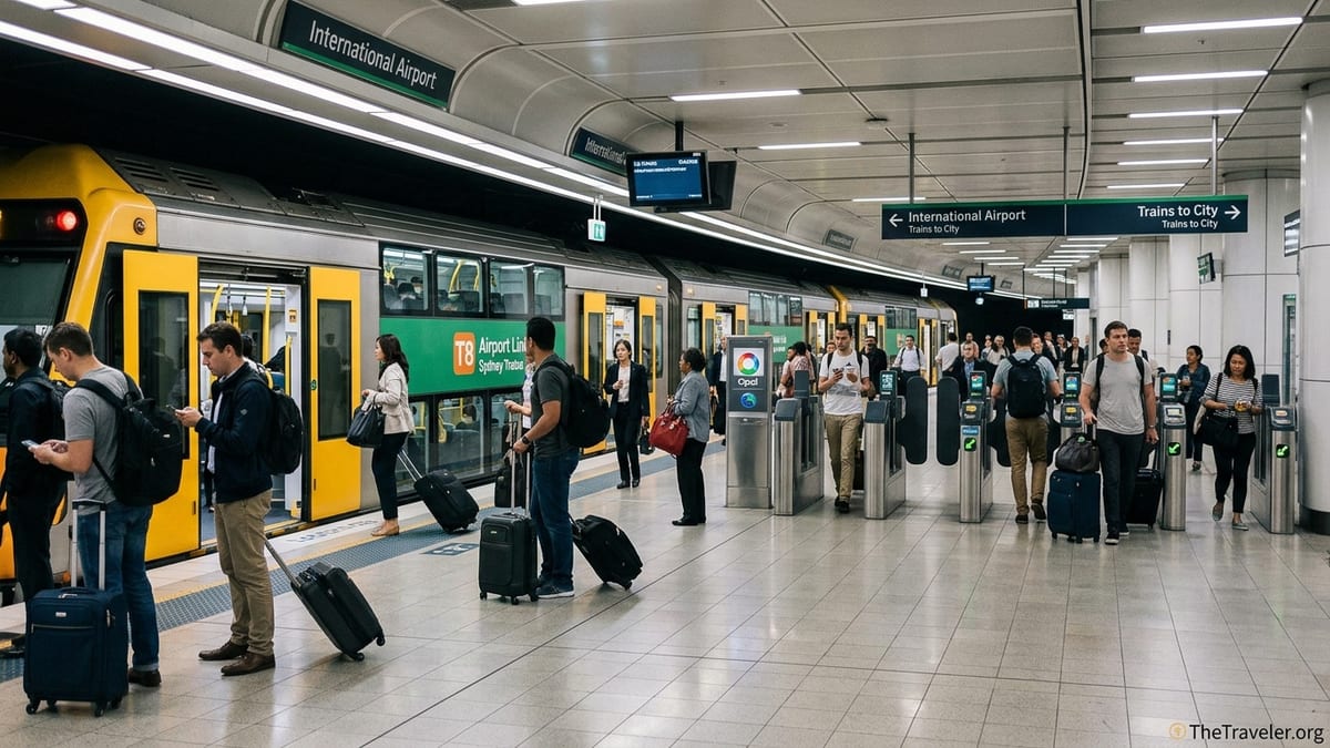 Passengers with luggage boarding a Sydney Airport Link train at the International Airport station platform.
