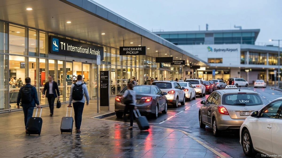 Travelers with luggage waiting at the Uber pickup zone outside Sydney Airport Terminal 1 at dusk.