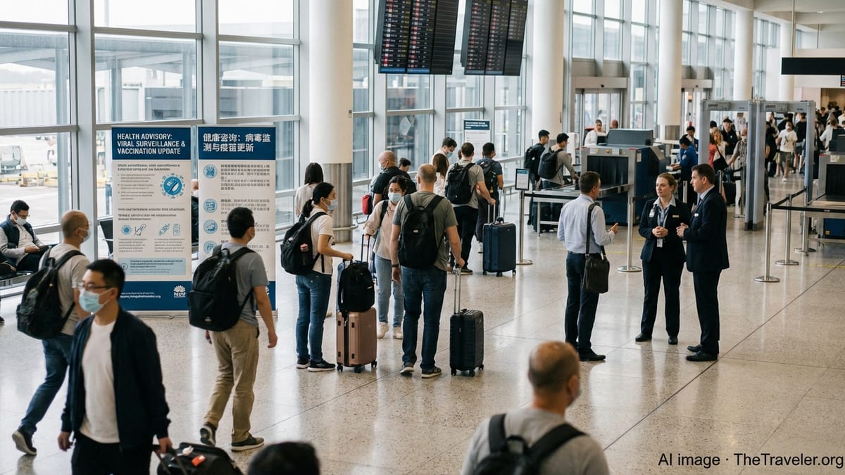 Travellers walking through Sydney Airport near health advisory posters and security gates.