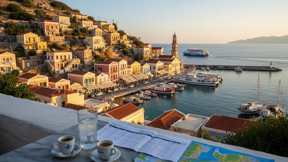 Early evening in Symi's harbor, Greece, with pastel houses, calm Aegean sea, and café elements. 