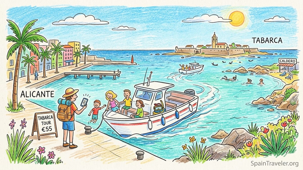 Passengers on a fast boat from Alicante heading toward Tabarca Island over choppy blue water.