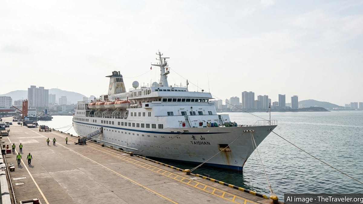 Medium-sized Chinese cruise ship Taishan docked at a city pier under soft daylight.