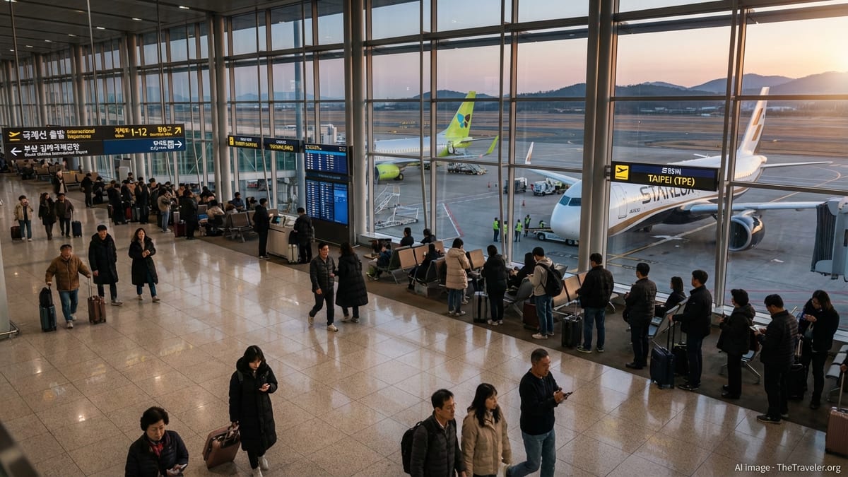 Passengers at Busan airport with Taiwan-bound aircraft visible through large windows at dusk.