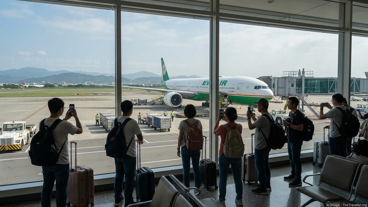 Southeast Asian travelers filming a Taiwan airline jet through large airport windows in Taipei.