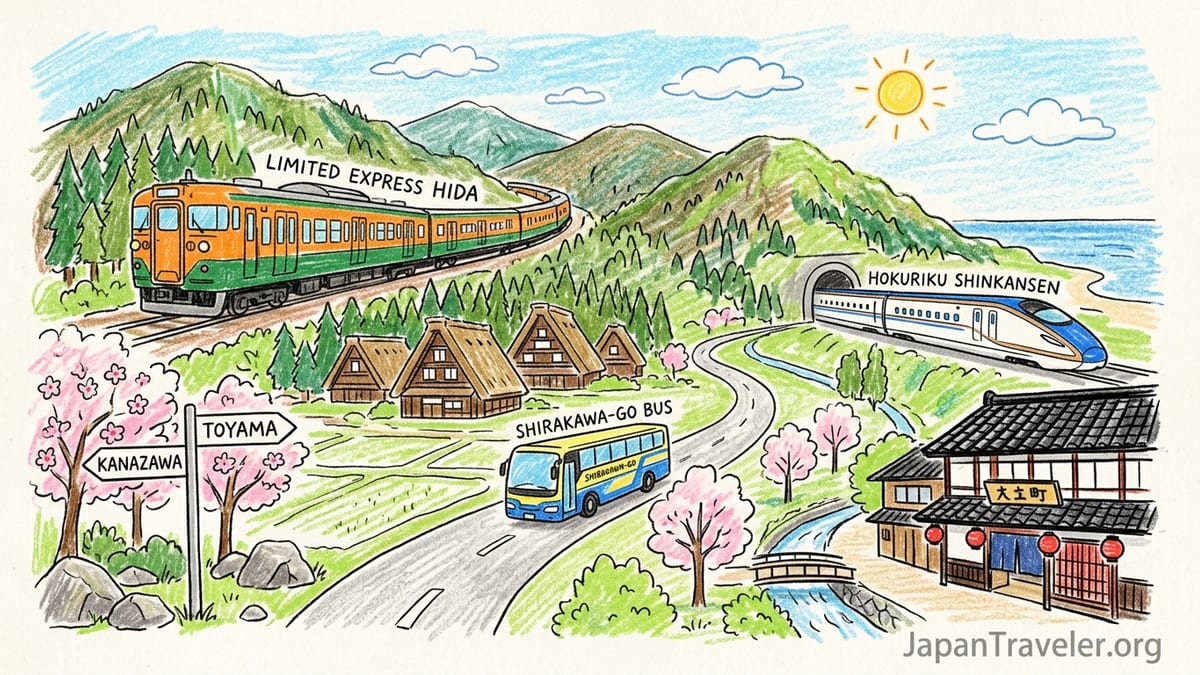 JR highway bus arriving at Shirakawa-go with thatched farmhouses and mountains behind.
