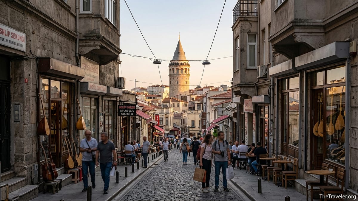 View down Galip Dede Street toward Galata Tower with cafés, shops and pedestrians at golden hour in Istanbul.