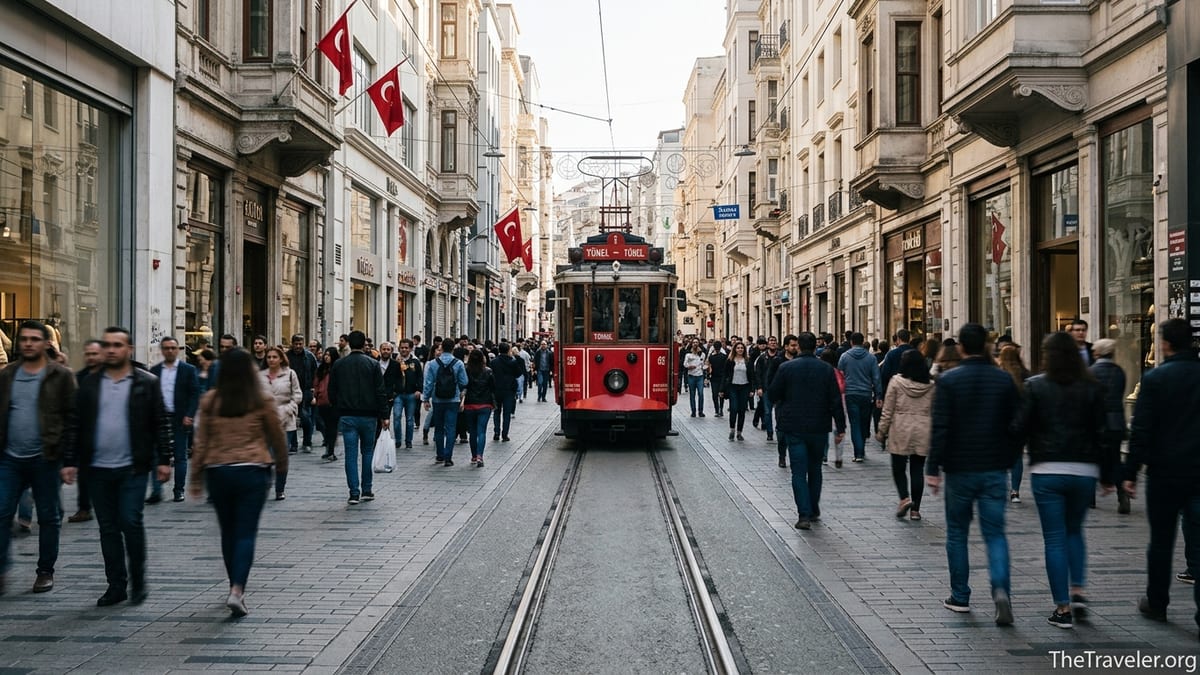 Crowds and nostalgic tram on İstiklal Avenue walking from Taksim toward Galata on a clear afternoon.