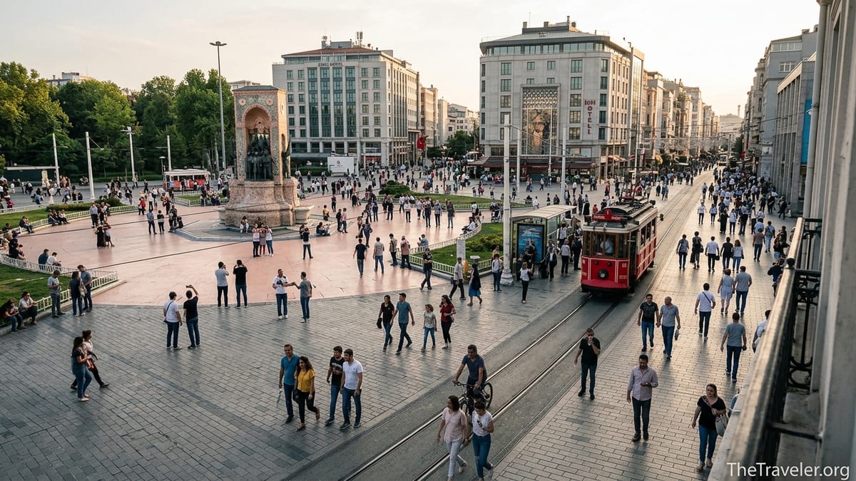 Crowds around the Republic Monument in Taksim Square with the red nostalgic tram at the start of İstiklal Avenue at sunset.