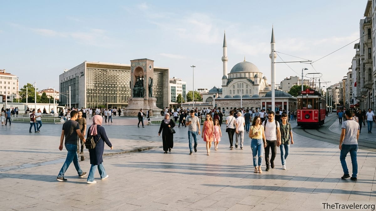 Busy afternoon scene at Taksim Square with the Republic Monument and tram entering Istiklal Avenue in Istanbul.