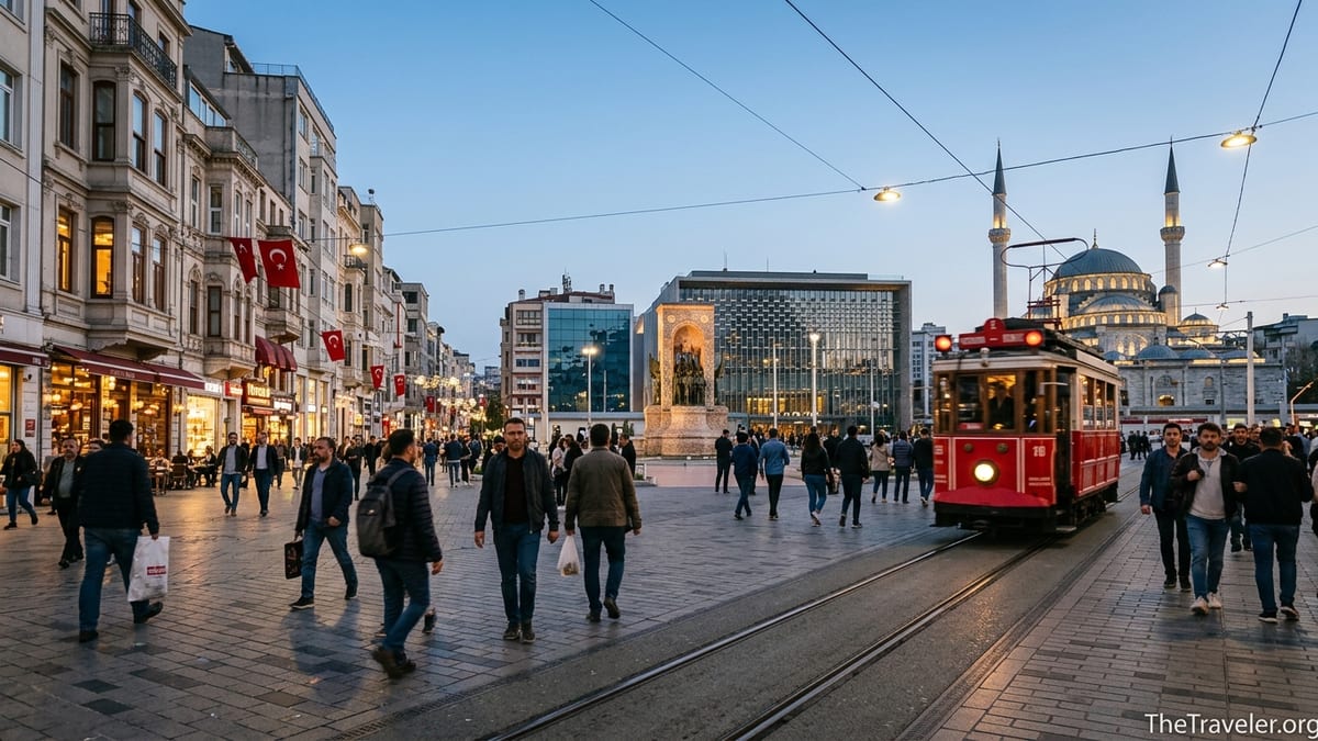 Evening view of Taksim Square and İstiklal Avenue with the red nostalgic tram and Republic Monument in Istanbul.