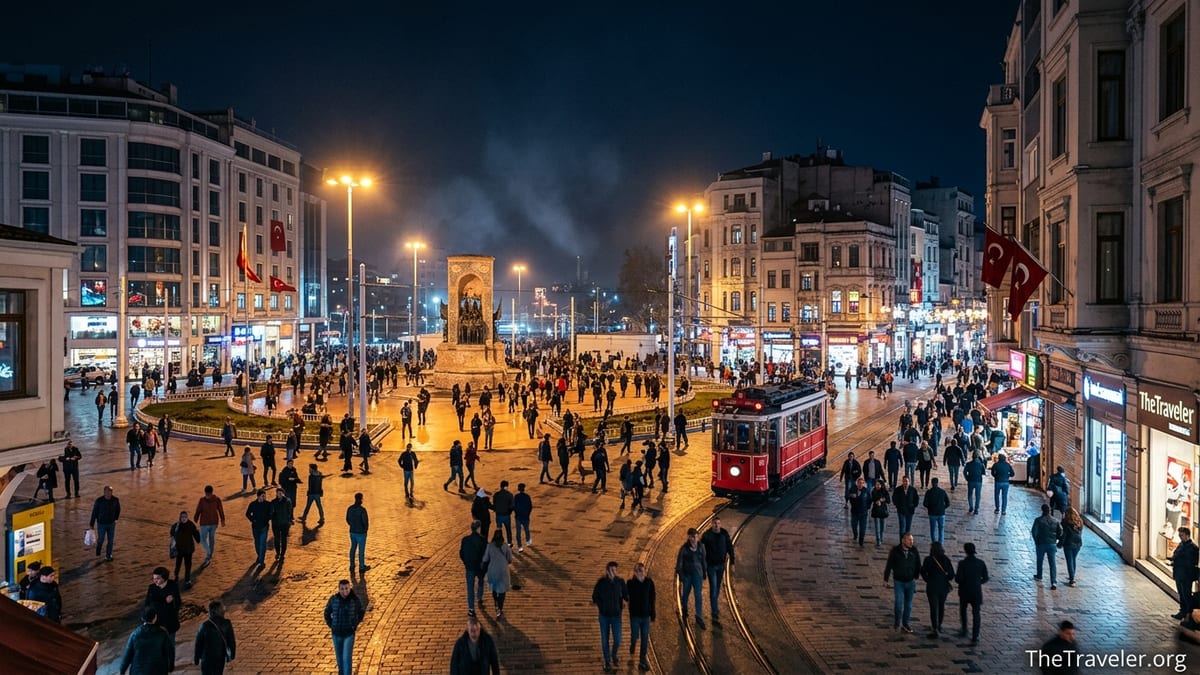 Nighttime view of busy Taksim Square with nostalgic tram, crowds and city lights in Istanbul.