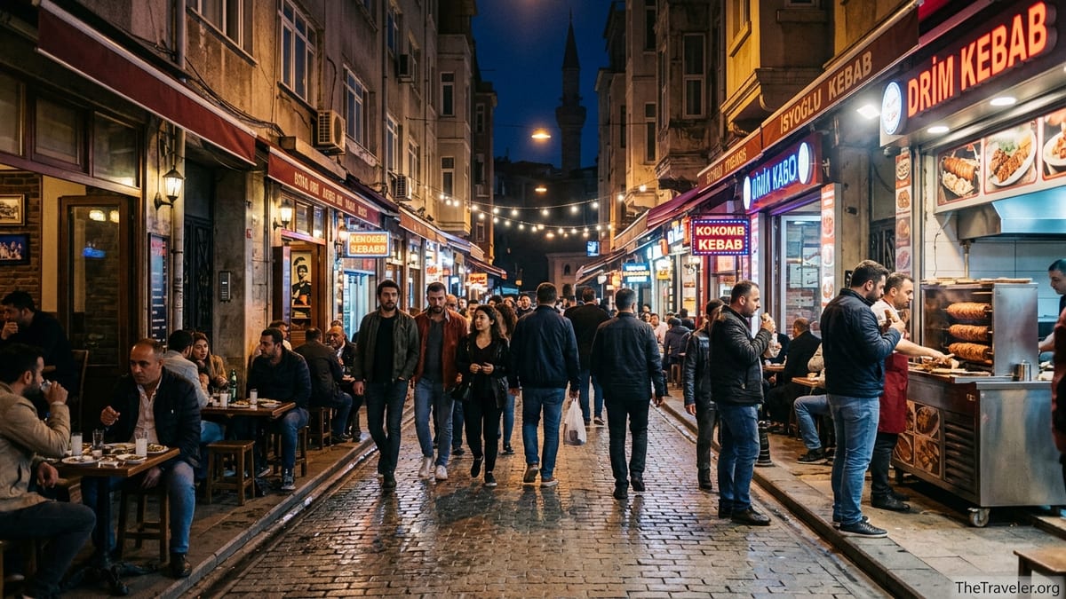 Nighttime street near Taksim Square with busy bars, meyhanes and late-night food stands.