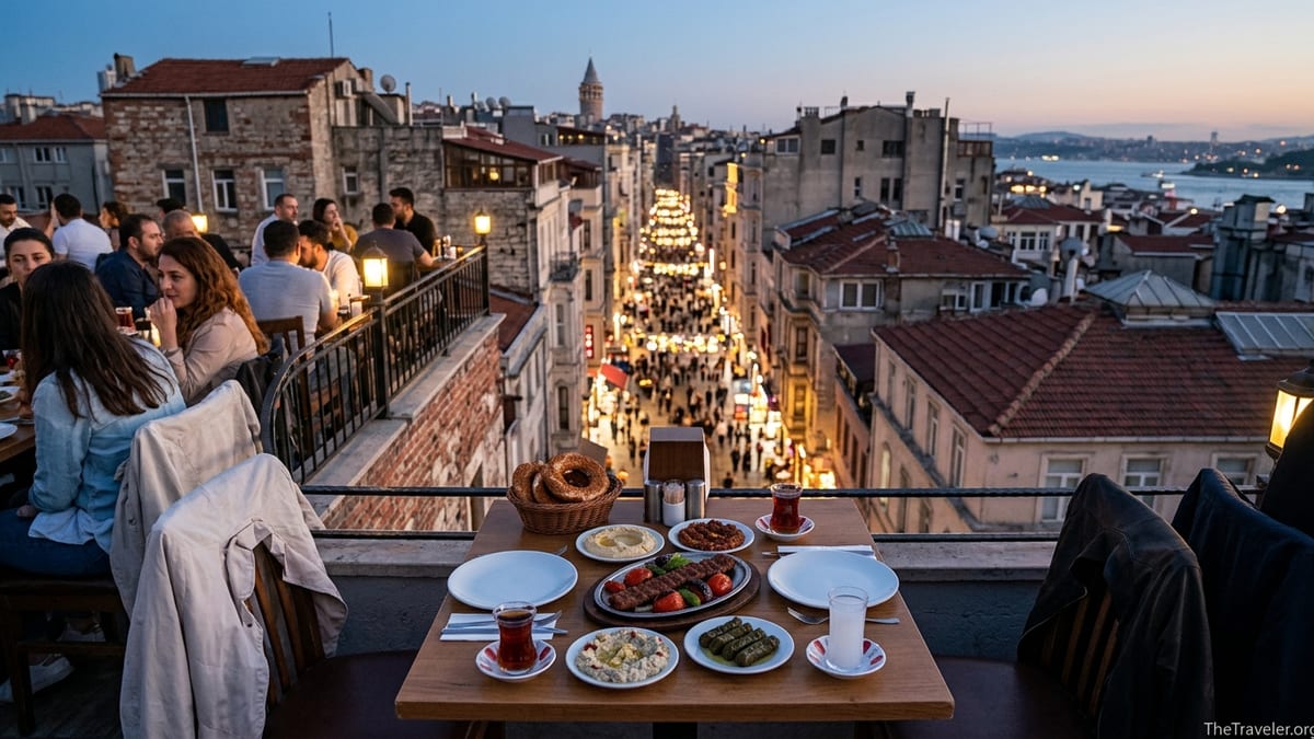 Rooftop restaurant table near Taksim Square overlooking Istanbul at blue hour