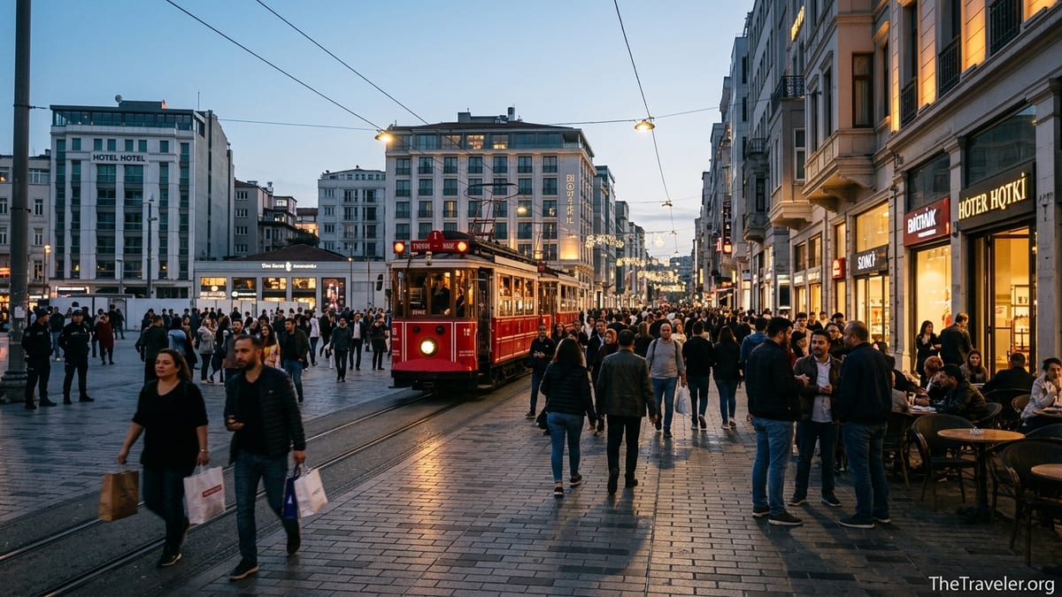 Evening crowd around Taksim Square and Istiklal Street with nostalgic tram and lit hotels.