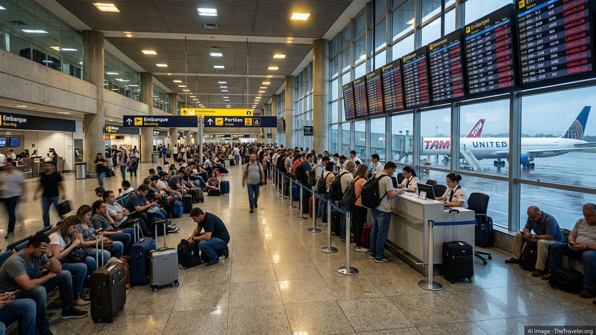 Stranded passengers queue at São Paulo airport under boards showing cancelled São Luís and Newark flights.
