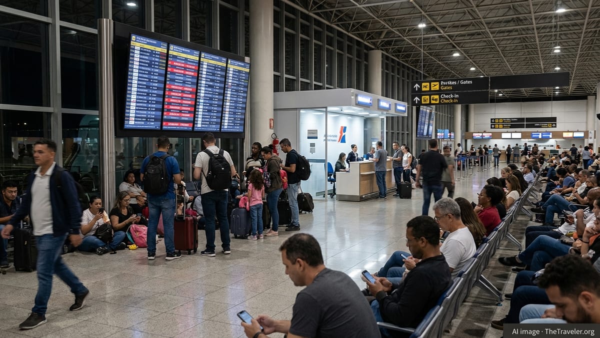 Crowded departure hall at São Paulo-Guarulhos airport during flight cancellations.