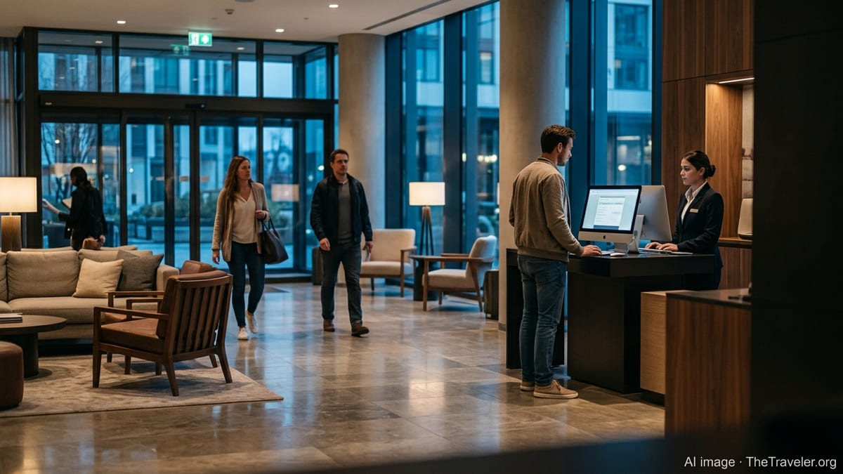 Hotel guest checks in at a modern lobby desk with a booking screen visible behind.