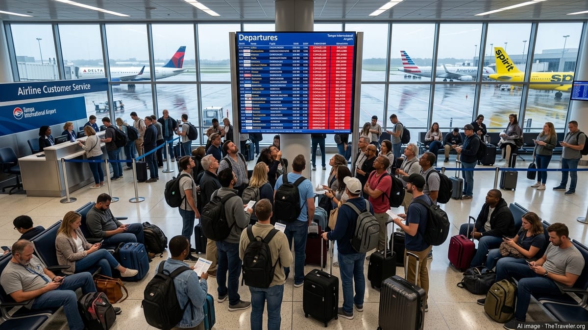Crowded Tampa airport concourse with cancelled flights on departure boards and stranded travelers.