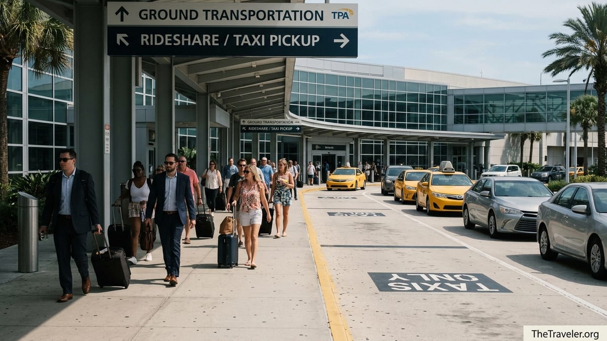 Travelers exit Tampa International Airport toward taxis and rideshares in bright sun.