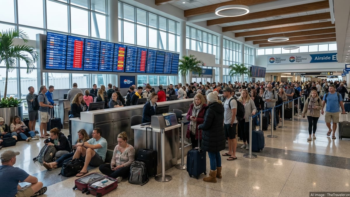Crowded Tampa International Airport terminal with screens showing multiple canceled and delayed flights to Northeast cities.