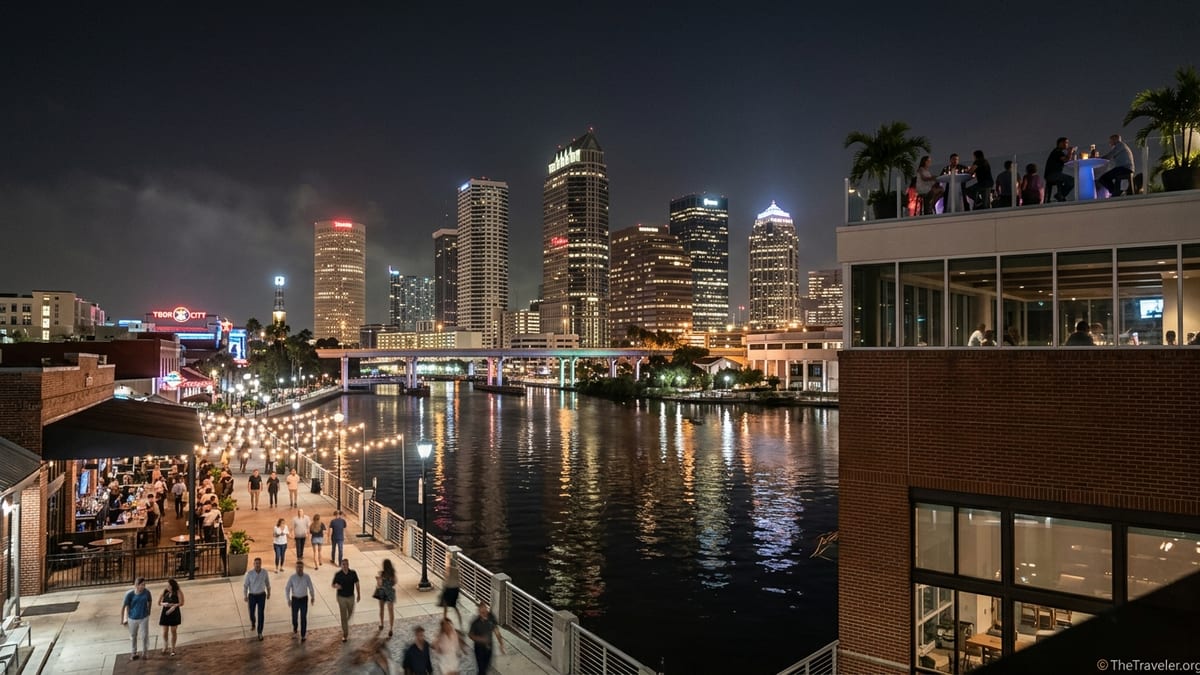 Night view of downtown Tampa and Water Street with busy waterfront bars and glowing skyline.
