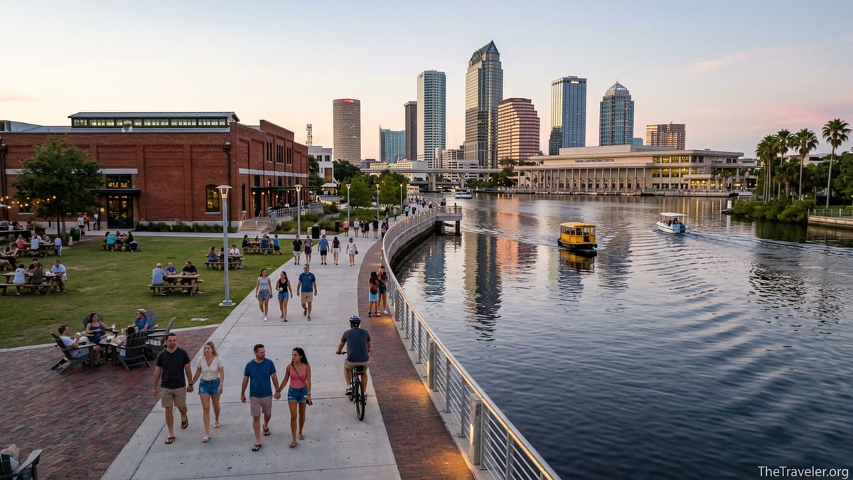 Evening crowd walking along the Tampa Riverwalk with city skyline and boats on the river.